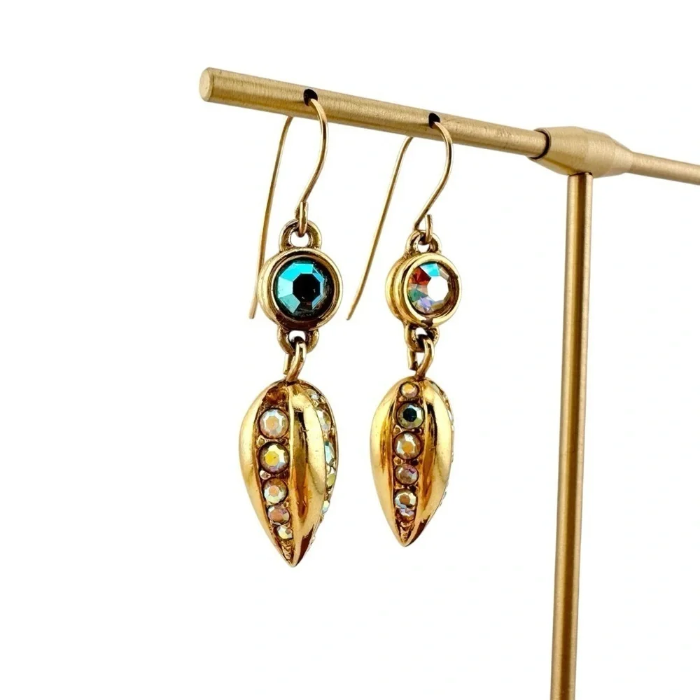 Vintage Swarovski Earrings, Iridescent Gold and Blue Drop Crystals